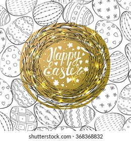 Easter Card with glitter. Template shiny background with nest and eggs. Vector.  Lettering, calligraphy. Handwriting inscription.