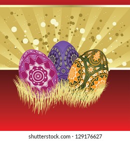 Easter card of gold and red color with colorful eggs.