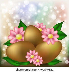 Easter card with golden eggs  and flowers,  vector illustration