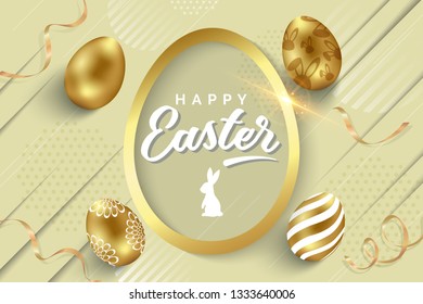Easter card with golden frame in the shape egg on abstract background. Place for your text. Vector illustration