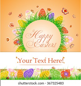 Easter card with grass, egg and flying butterflies..