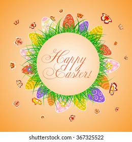 Easter card with grass, egg and flying butterflies..