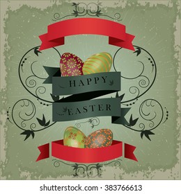 Easter card gray background with eggs , ribbons and rays retro style