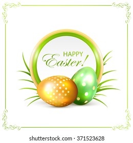 Easter card with green and golden eggs, illustration.