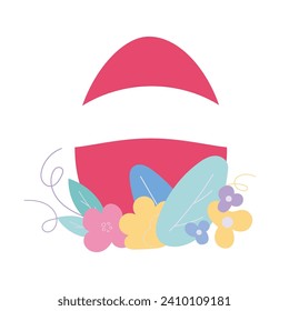 Tarjeta de Pascua o saludo. Composición de celebración. Huevo, flores, hojas. Ilustración vectorial, objetos aislados sobre fondo blanco.