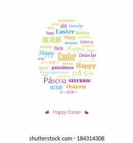 Easter card with greetings in various languages. Vector. Illustration.