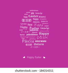 Easter card with greetings in various languages. Vector. Illustration.