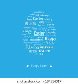 Easter card with greetings in various languages. Vector. Illustration.