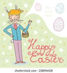 Easter card with guy in rabbit costume.