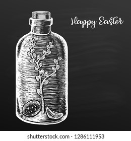 Easter card hand drawn in chalk on blackboard. A bottle with a sprig of willow, egg and feather inside. Happy easter sketch style.