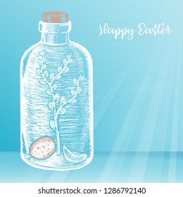 Easter card hand drawn in chalk on a blue background. A bottle with a sprig of willow, egg and feather inside. Happy easter sketch style.