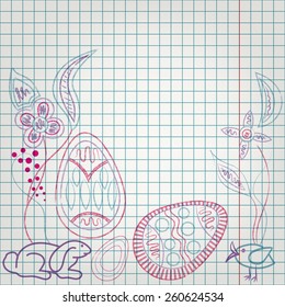  	 Easter card with hand drawn eggs,birds, rabbit and flowers.
