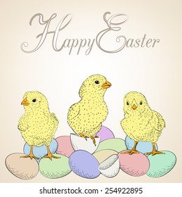 Easter card with hand-drawn chickens and eggs
