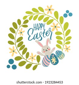 Easter card with hand-lettering, leaves, flowers, eggs and rabbits. Colorful Happy Easter greeting card with rabbit, bunny and text