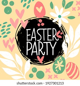 Easter card with hand-lettering, leaves, flowers, eggs and rabbits. Colorful Happy Easter greeting card with rabbit, bunny and text