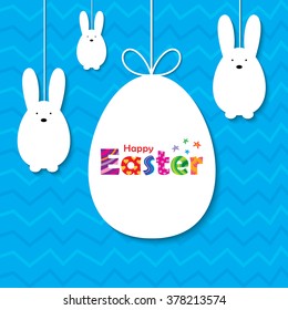 Easter card with hanging egg and bunny. Vector illustration.
