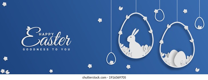 Easter card and hanging egg shaped paper frame and spring flowers blue background Easter bunny vector illustration 
