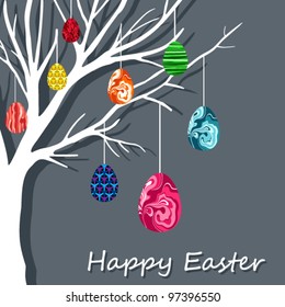 Easter card with hanging eggs on the branch.