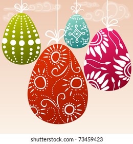 easter card with hanging multicolor painted eggs