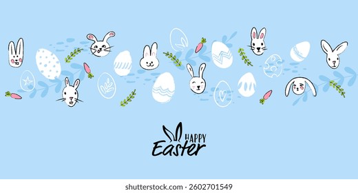 Easter card, happy Easter banner with egg and bunny pattern