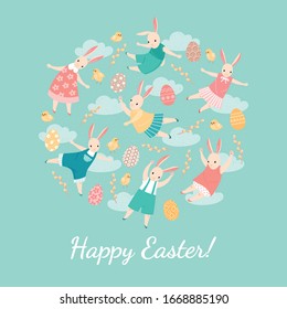 Easter card with happy bunnies jumping and having fun on the background of a cloud and holiday symbols. Cute cartoon vintage rabbits characters 