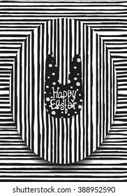 Easter card. Happy Easter. Bunny, egg, decorative textures. Hand drawn holiday label in black and white. Vector.