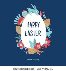 Easter card with a happy Easter floral background. Framed banner design featuring Easter eggs, spring animals, an angel, flowers, and festive decorations. For seasonal greetings and holiday designs.