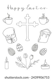 Easter card with Happy Easter greeting. Easter Set in continuous one line style with design elements like Easter cakes, eggs, cross, candles, steaming mugs, flowers, bouquet. Black and white vector. 