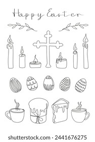 Easter card with Happy Easter greeting. Easter Set in continuous one line style with design elements like Easter cakes, eggs, cross, candles, steaming mugs, plants. Black and white vector on white