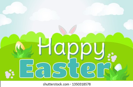 Easter card. Happy Easter lettering background with bright spring landscape and ears that protrude from the bushes. Vector illustration greeting card, ad, flyer, promotion, web-banner,  poster.
