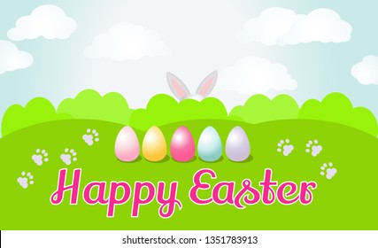 Easter card. Happy Easter lettering background with bright spring landscape and ears that protrude from the bushes. In the foreground are painted eggs. Vector illustration.