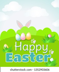 Easter card. Happy Easter lettering background with bright spring landscape and ears that protrude from the bushes. In the foreground are painted eggs. Vector illustration