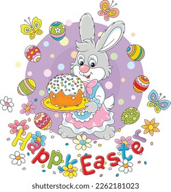 Easter card with a happy little bunny holding a fancy holiday cake with sugar icing and sweets, colorfully decorated gift eggs, spring flowers and merry fluttering butterflies, vector cartoon