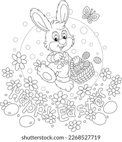 Easter card with a happy little bunny walking with a wicker basket full of painted gift eggs on a pretty spring lawn with flowers and a merrily fluttering butterfly, vector cartoon