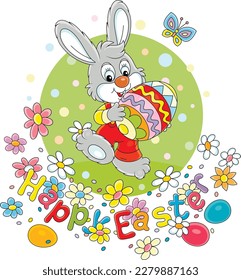 Easter card with a happy little bunny carrying a painted gift egg through a pretty spring lawn with colorful flowers and a merrily fluttering butterfly, vector cartoon illustration