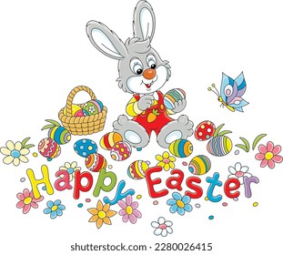 Easter card with a happy little bunny, a wicker basket and painted gift eggs on a pretty spring lawn with colorful flowers and a merrily fluttering butterfly, vector cartoon