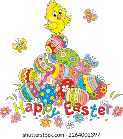 Easter card with a happy little chick on a pile of colorfully painted gift eggs on a pretty lawn with spring flowers and merry fluttering butterflies, vector cartoon illustration on white