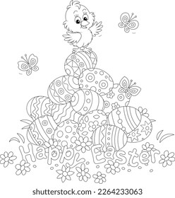 Easter card with a happy little chick on a pile of decorated gift eggs on a pretty lawn with spring flowers and merry fluttering butterflies, black and white vector cartoon illustration