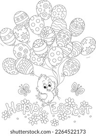 Easter card with a happy little chick holding balloons decorated with traditional holiday ornaments, black and white outline vector cartoon illustration for a coloring book