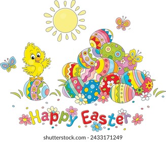 Easter card with a happy little chick and a pile of colorfully painted gift eggs on a pretty sunny lawn with spring flowers and merry fluttering butterflies, vector cartoon illustration