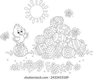 Easter card with a happy little chick and a pile of decorated gift eggs on a pretty sunny lawn with spring flowers and merry fluttering butterflies, black and white vector cartoon illustration