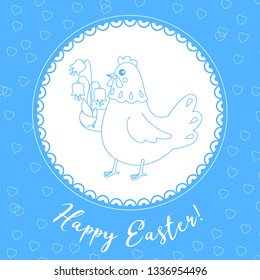Easter card, happy Easter sticker. Chicken carries flowers. Vector