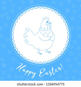 Easter card, happy Easter sticker. The hen lays eggs in the wings. Vector