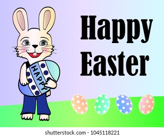 `Easter Card with happy easter text : Rabbit bunny carrying easter egg with happy word inside on his hand. 