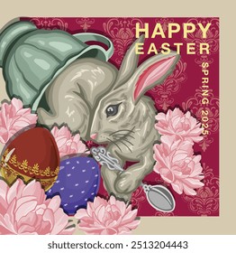 Easter card with hare and eggs, art hand drawn illustration vector