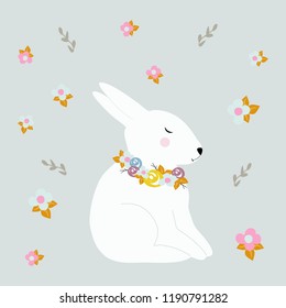 Easter card with a hare and flowers. Vector illustration for printing on t shirts, textiles, dishes, gift packaging.