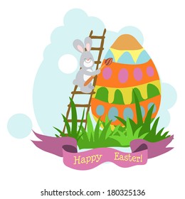 An Easter card hare, paint the egg in the green grass for your design