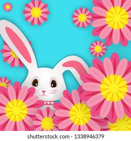 Easter card with a hare, rabbit, pink spring flowers on a blue background .Vector illustration. Place for your text.