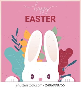 Easter card with hare and spring plants in flat style.Vector illustration