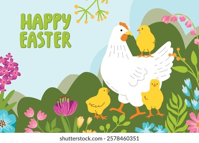 Easter card with hen and chickens. Cartoon background with colorful flowers, cute animal characters and hand written. Festive banner template. Springtime vector illustration in flat color style.